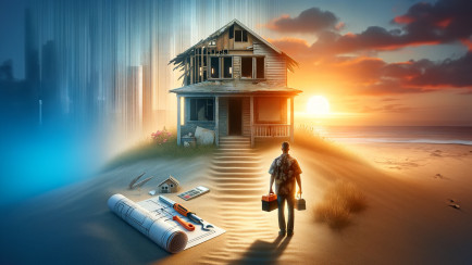 A symbolic representation of Foreclosure, Responsibility, and Redemption in real estate. The image features a dilapidated house representing foreclosu